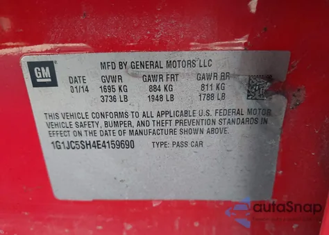 2014 Chevrolet Sonic Lt Auto z USA, uszkodzony, nr VIN 1G1JC5SH4E4159690